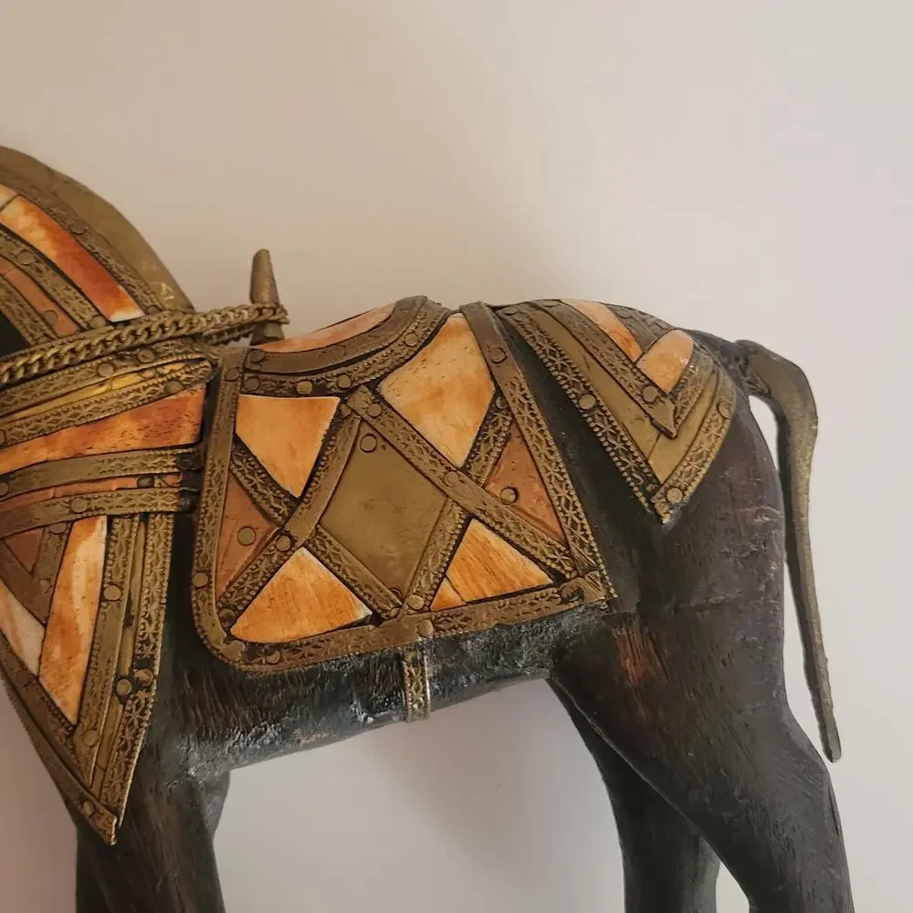 Vintage Carved Wood with Hammered Brass & Stone Inlay Armored War Horse Figure
